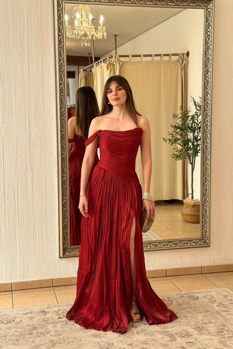 Burgundy One-Shoulder Ruched Maxi Gown with Thigh Slit