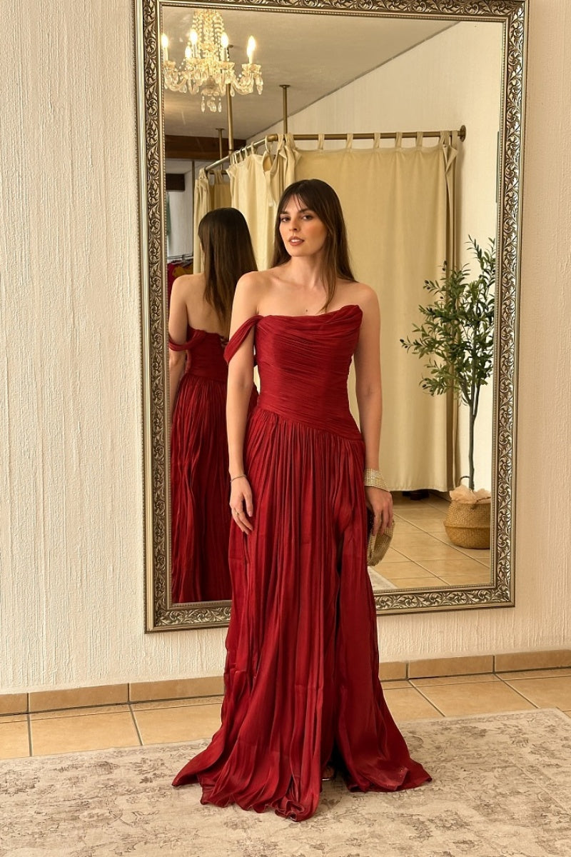 Burgundy One-Shoulder Ruched Maxi Gown with Thigh Slit