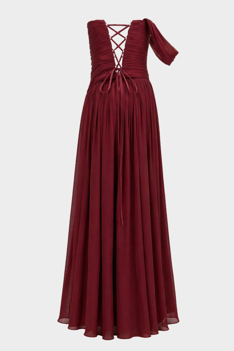 Burgundy One-Shoulder Ruched Maxi Gown with Thigh Slit
