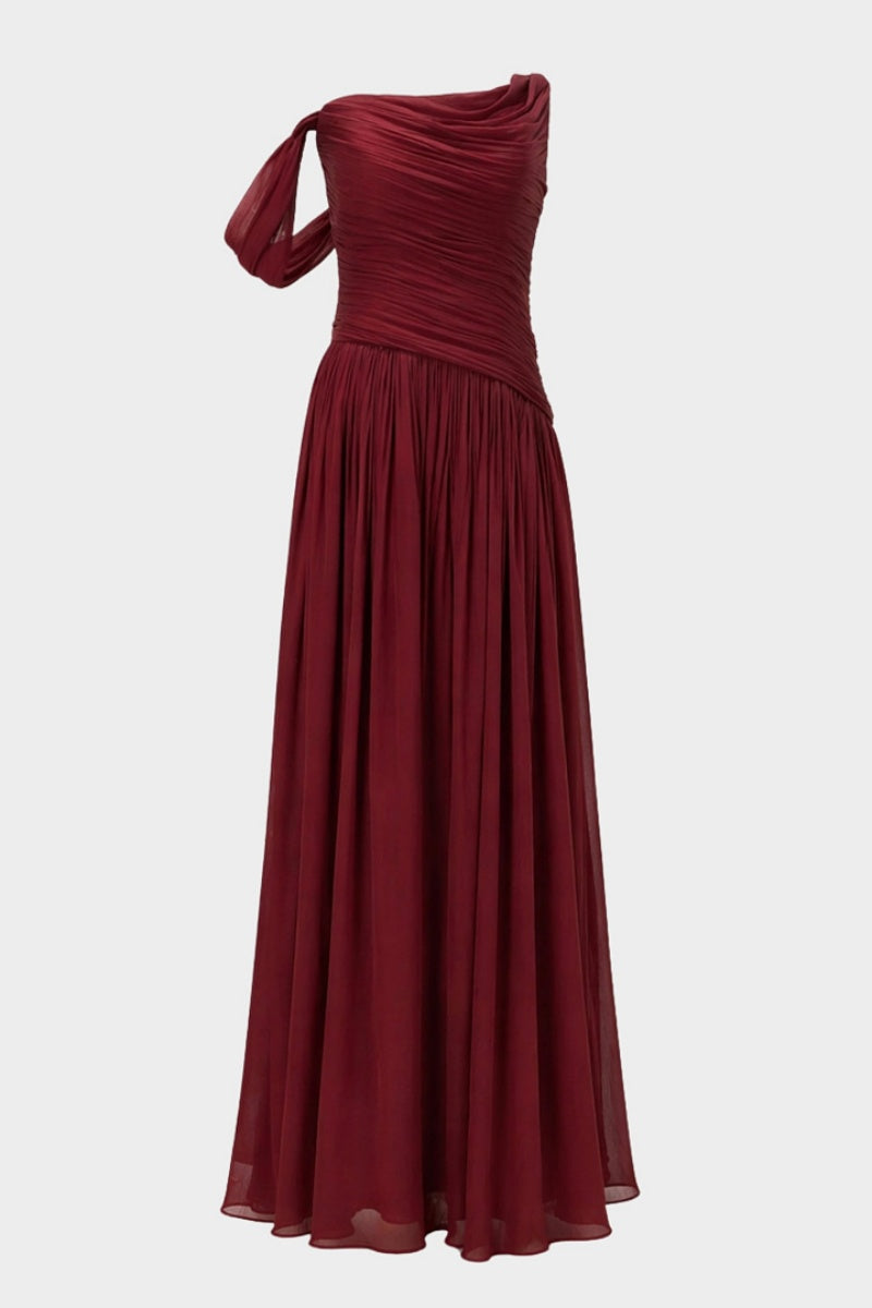 Burgundy One-Shoulder Ruched Maxi Gown with Thigh Slit