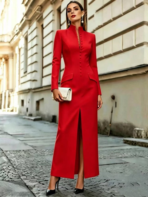 Red Long Sleeve Mandarin Collar Maxi Dress with Front Slit