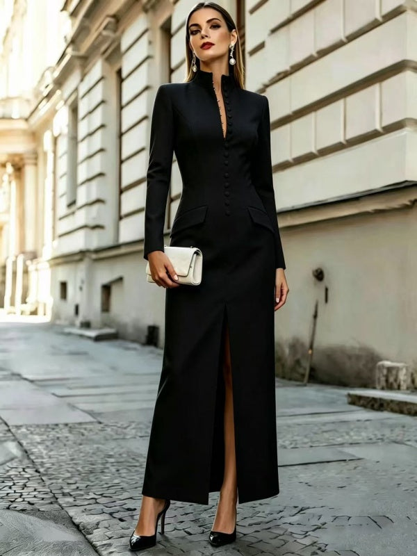 Red Long Sleeve Mandarin Collar Maxi Dress with Front Slit