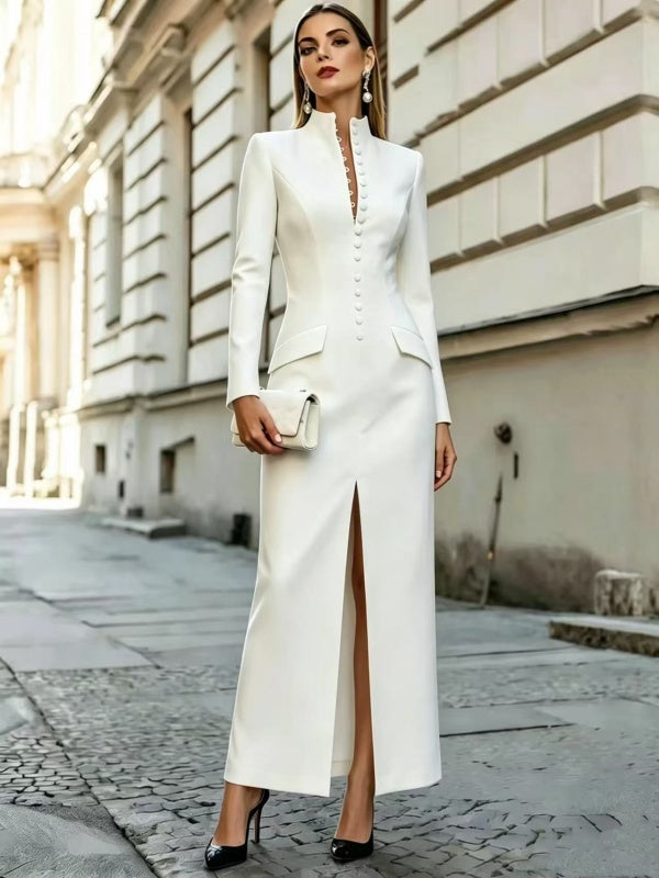 Red Long Sleeve Mandarin Collar Maxi Dress with Front Slit