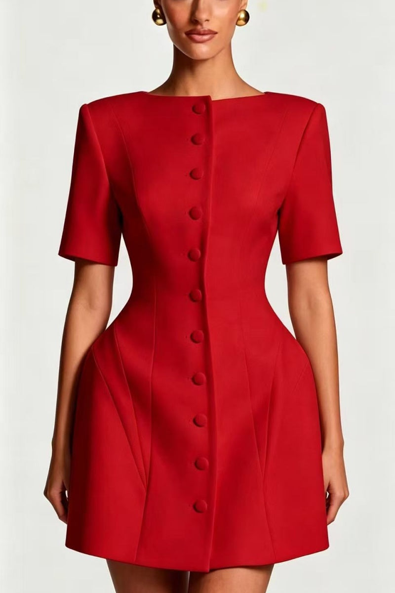 Red Button Front Short Sleeve Mini Dress