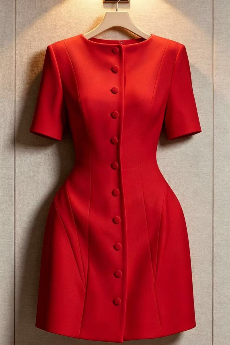 Red Button Front Short Sleeve Mini Dress