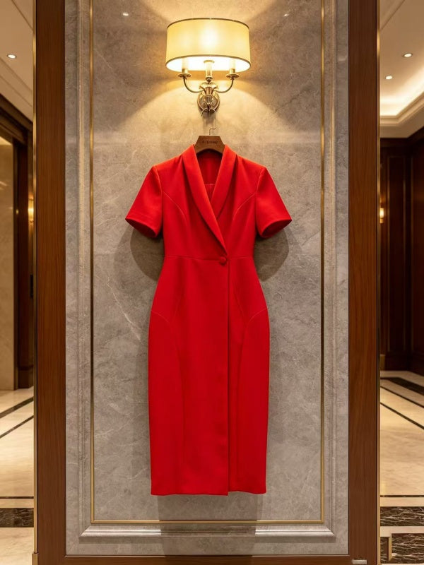 Red Shawl Collar Short Sleeve Midi Dress