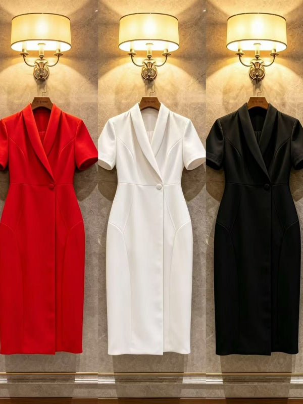 Red Shawl Collar Short Sleeve Midi Dress