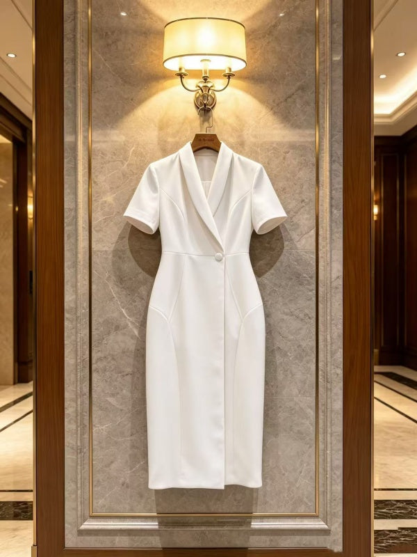 Red Shawl Collar Short Sleeve Midi Dress