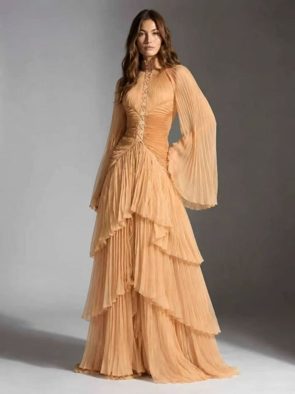 Champagne Pleated Tiered Maxi Dress with Lace-Up Bodice