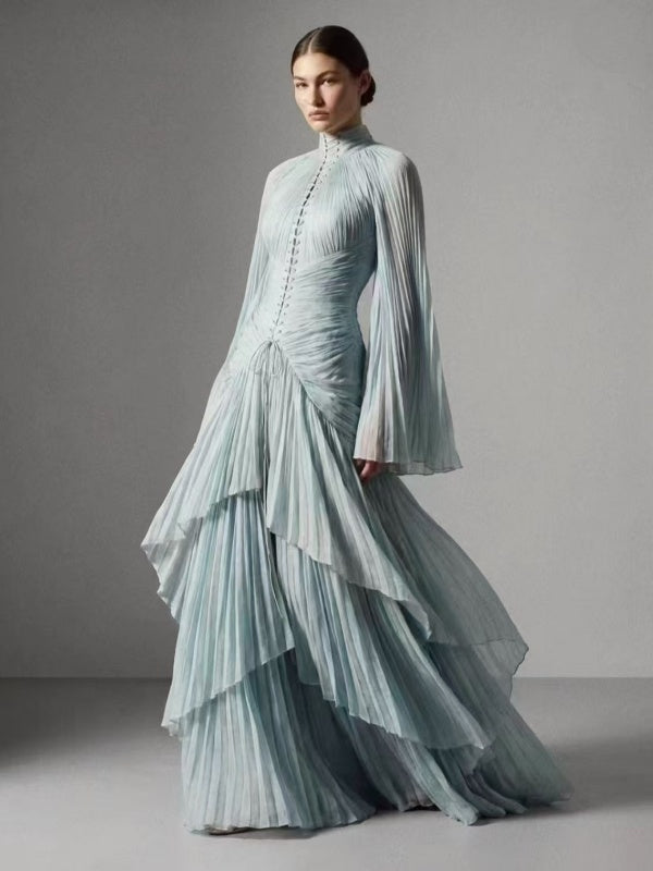 Champagne Pleated Tiered Maxi Dress with Lace-Up Bodice