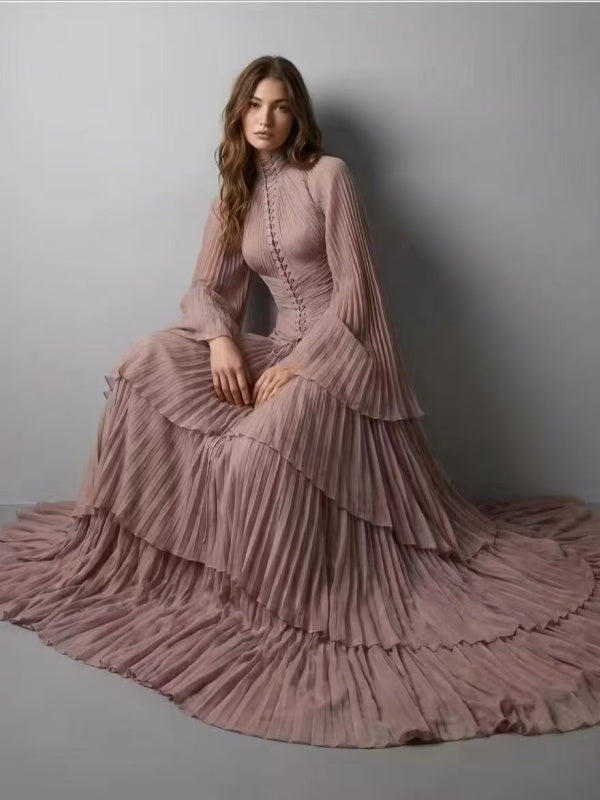 Champagne Pleated Tiered Maxi Dress with Lace-Up Bodice