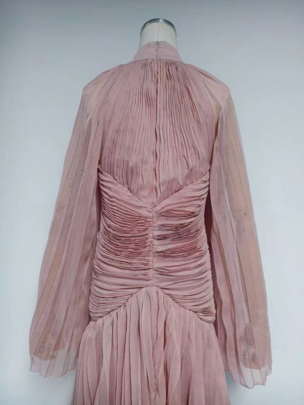 Champagne Pleated Tiered Maxi Dress with Lace-Up Bodice