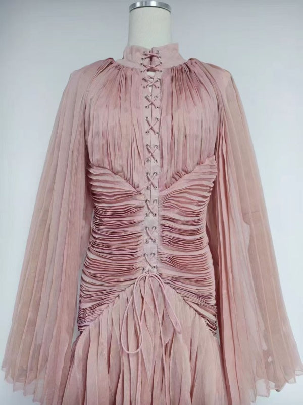 Champagne Pleated Tiered Maxi Dress with Lace-Up Bodice