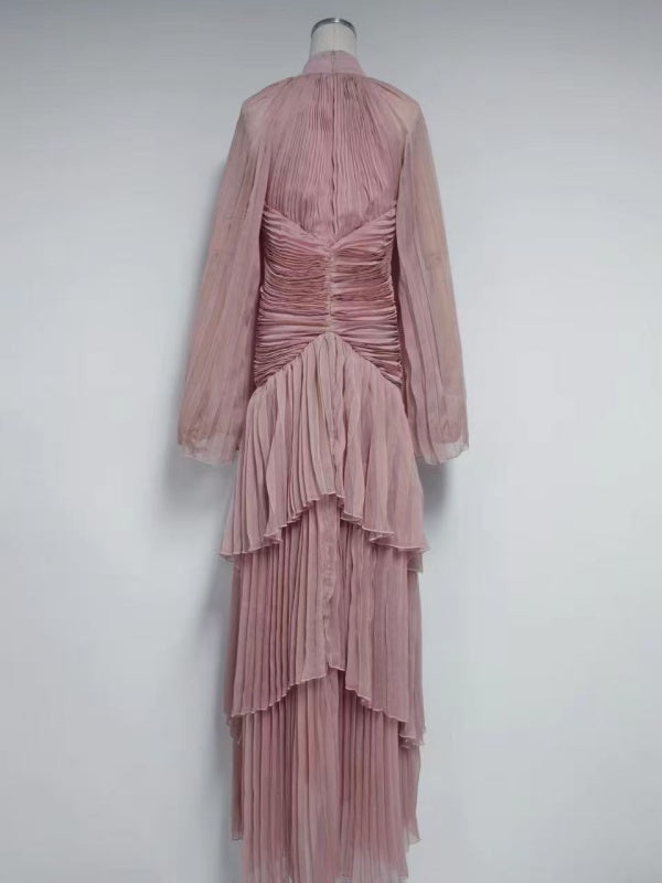 Champagne Pleated Tiered Maxi Dress with Lace-Up Bodice