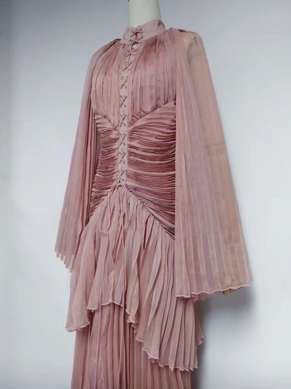 Champagne Pleated Tiered Maxi Dress with Lace-Up Bodice