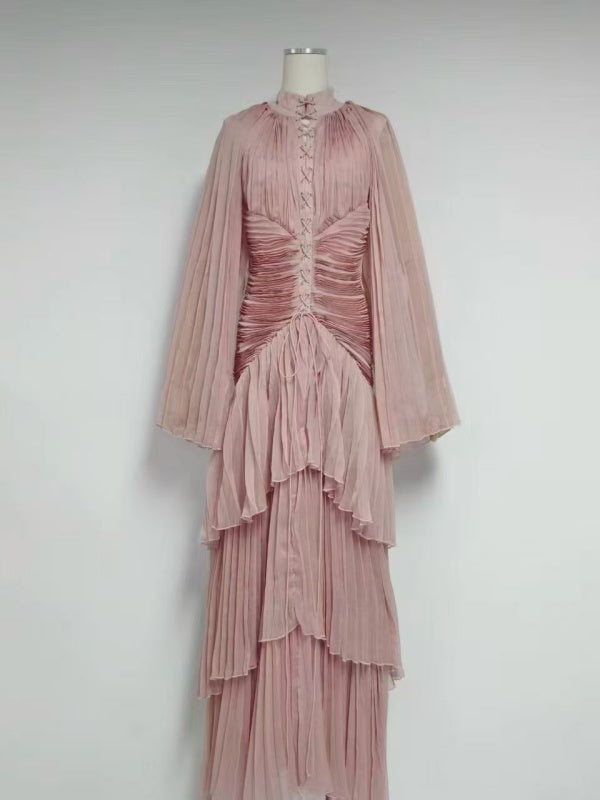Champagne Pleated Tiered Maxi Dress with Lace-Up Bodice
