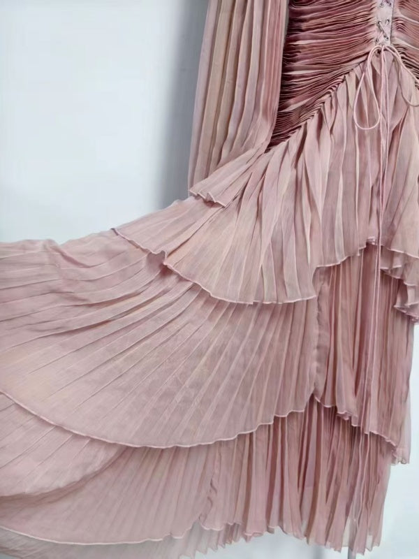 Champagne Pleated Tiered Maxi Dress with Lace-Up Bodice
