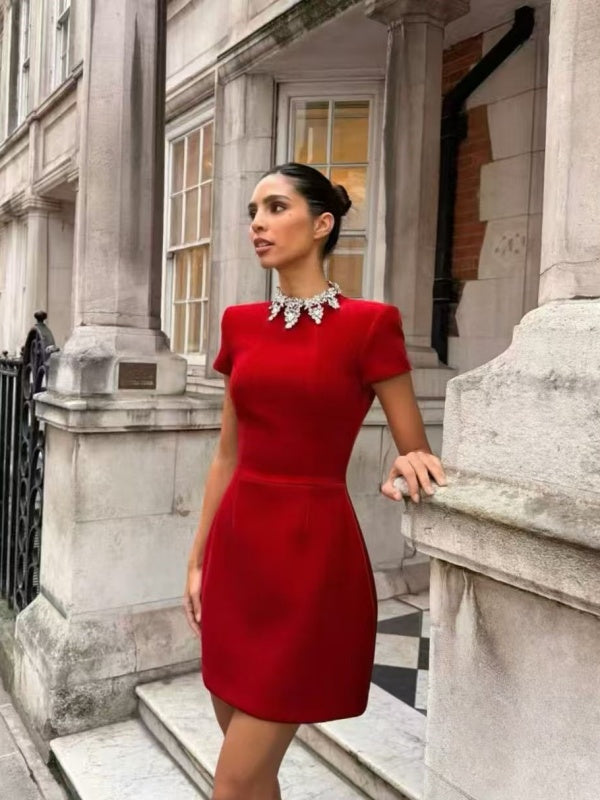 Red Short Sleeve Mini Dress with Jeweled Collar