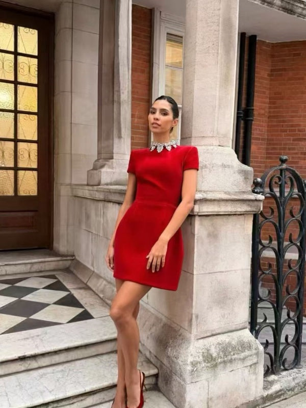 Red Short Sleeve Mini Dress with Jeweled Collar