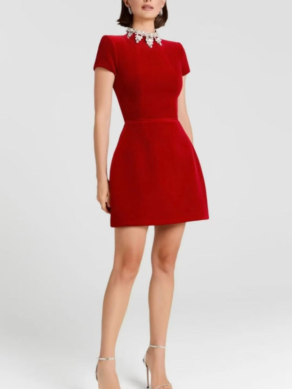 Red Short Sleeve Mini Dress with Jeweled Collar
