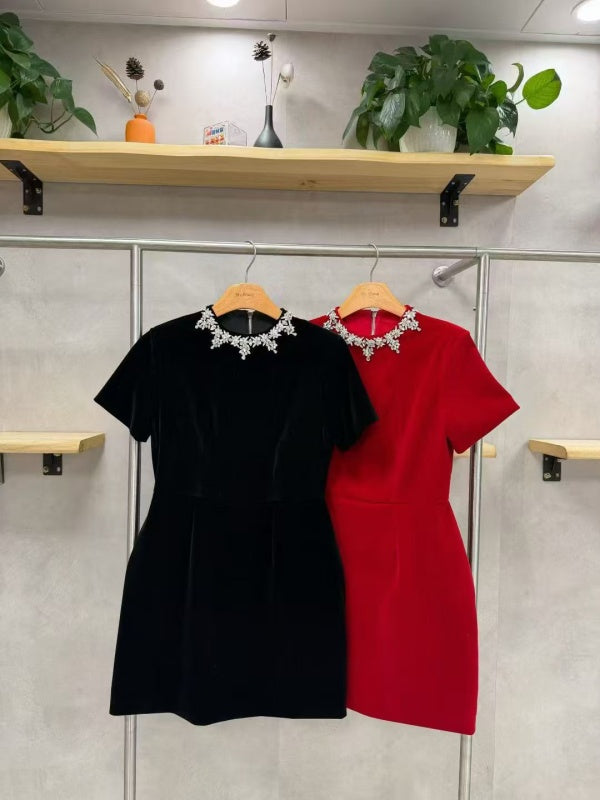 Red Short Sleeve Mini Dress with Jeweled Collar