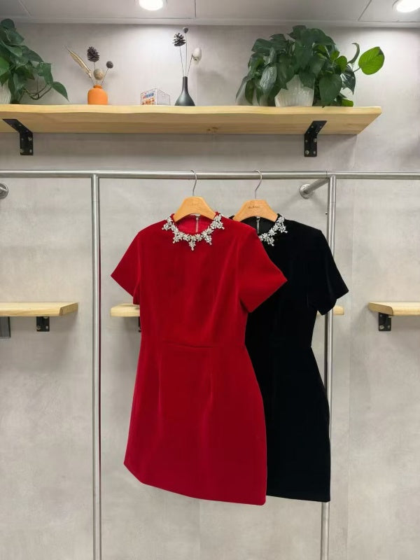 Red Short Sleeve Mini Dress with Jeweled Collar