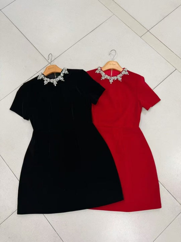 Red Short Sleeve Mini Dress with Jeweled Collar