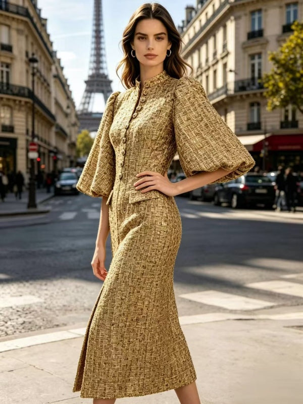 Gold Tweed Puff Sleeve Midi Dress