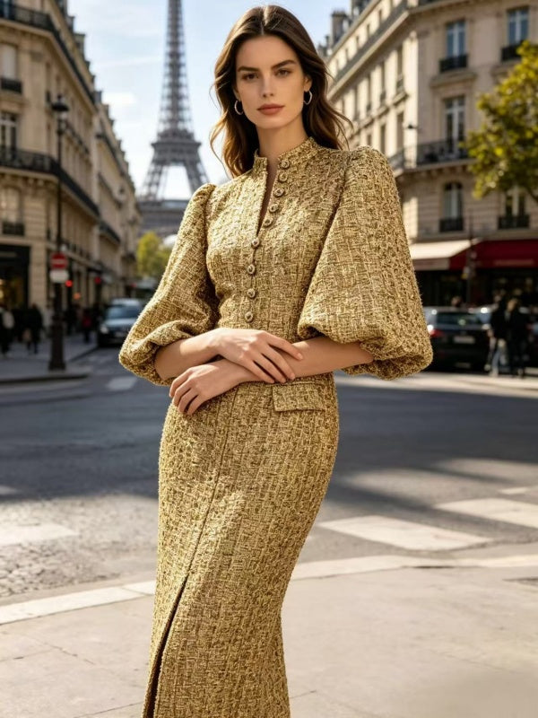 Gold Tweed Puff Sleeve Midi Dress