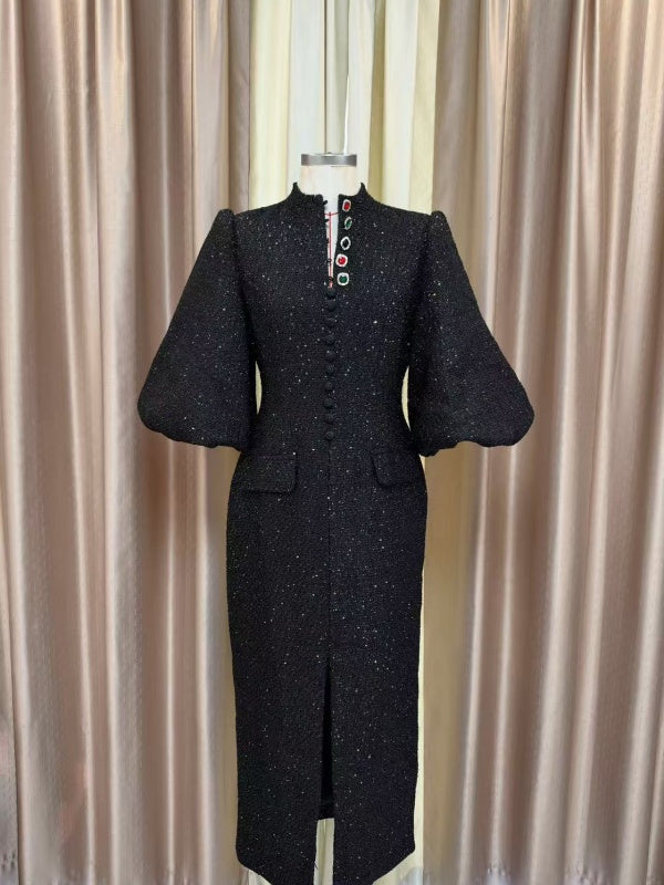 Gold Tweed Puff Sleeve Midi Dress