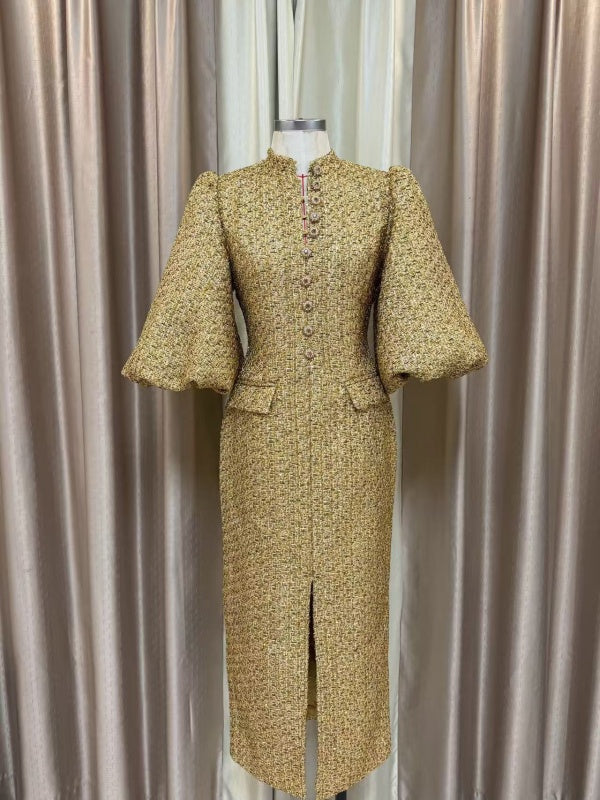 Gold Tweed Puff Sleeve Midi Dress
