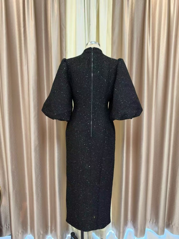 Gold Tweed Puff Sleeve Midi Dress