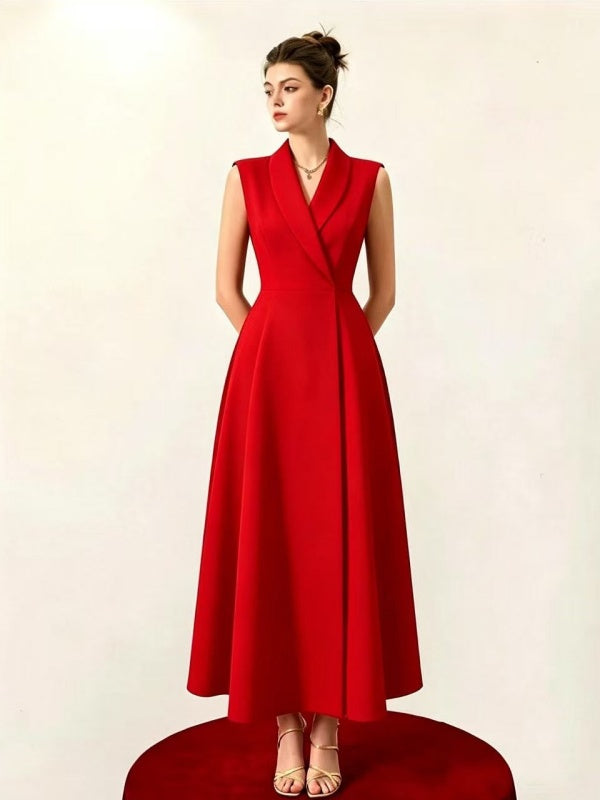 Red Sleeveless Shawl Collar A-Line Midi Dress