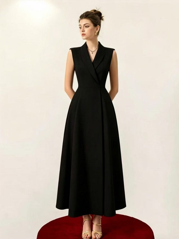 Red Sleeveless Shawl Collar A-Line Midi Dress
