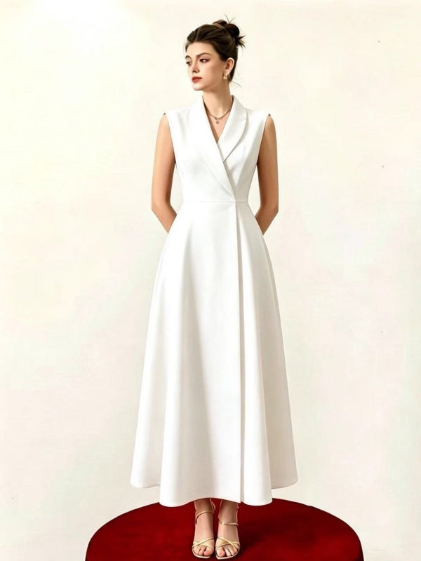 Red Sleeveless Shawl Collar A-Line Midi Dress