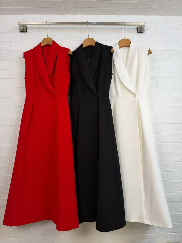 Red Sleeveless Shawl Collar A-Line Midi Dress