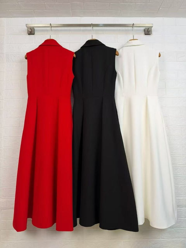 Red Sleeveless Shawl Collar A-Line Midi Dress