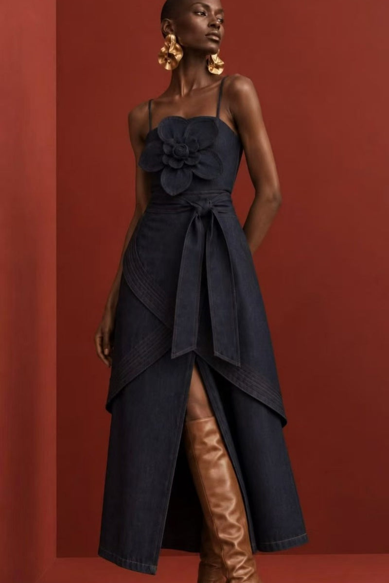 Dark Denim Floral Applique Maxi Dress with Waist Tie