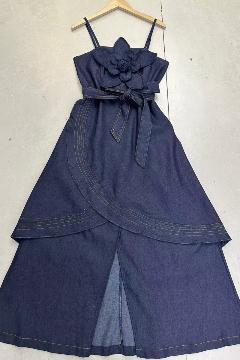 Dark Denim Floral Applique Maxi Dress with Waist Tie