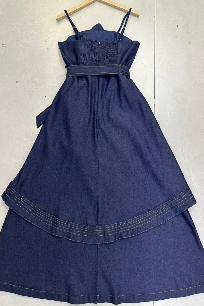 Dark Denim Floral Applique Maxi Dress with Waist Tie