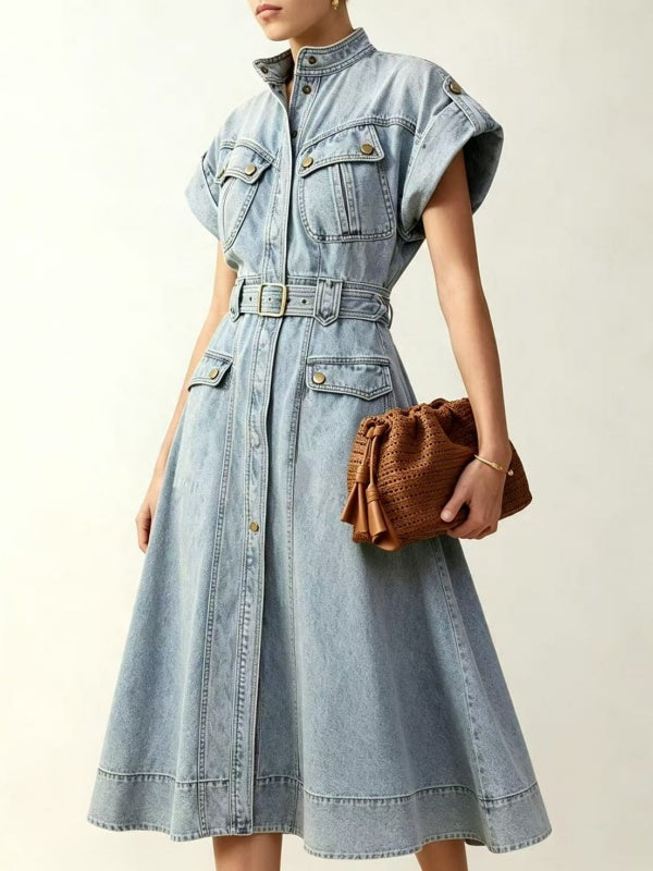 Light Wash Denim Shirt Midi Dress with Belt