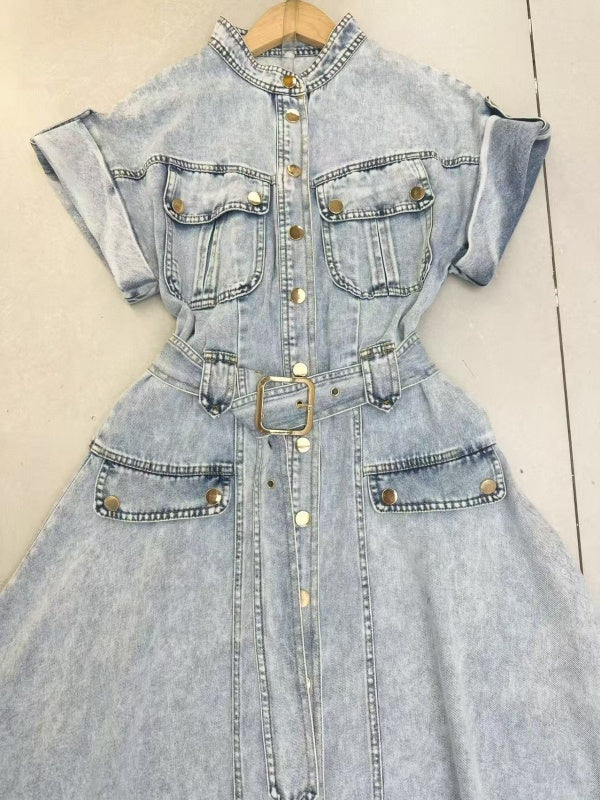 Light Wash Denim Shirt Midi Dress with Belt