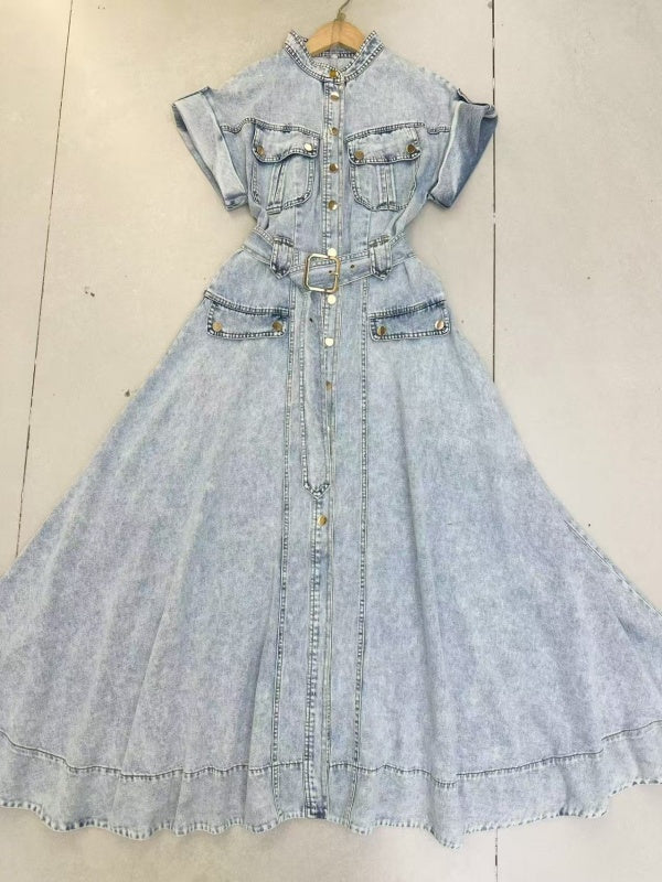 Light Wash Denim Shirt Midi Dress with Belt