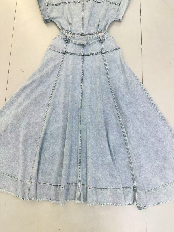 Light Wash Denim Shirt Midi Dress with Belt