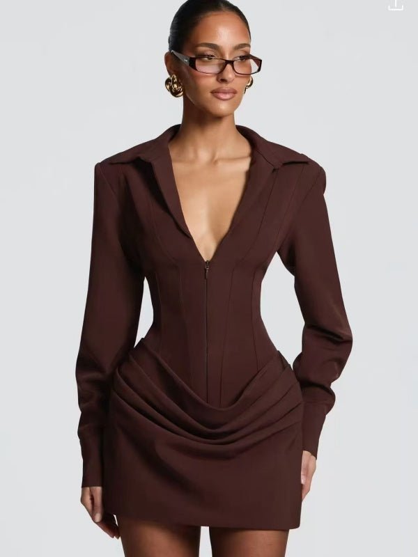 Dark Brown Deep-V Corset Mini Dress with Draped Skirt