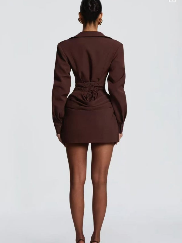 Dark Brown Deep-V Corset Mini Dress with Draped Skirt