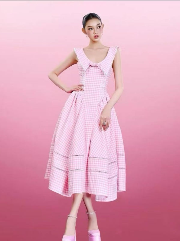 Pink Gingham Sailor Collar Midi Dress with Bow