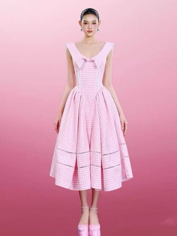 Pink Gingham Sailor Collar Midi Dress with Bow