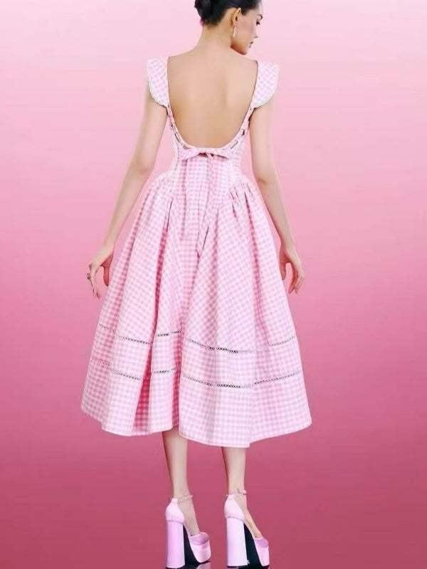 Pink Gingham Sailor Collar Midi Dress with Bow