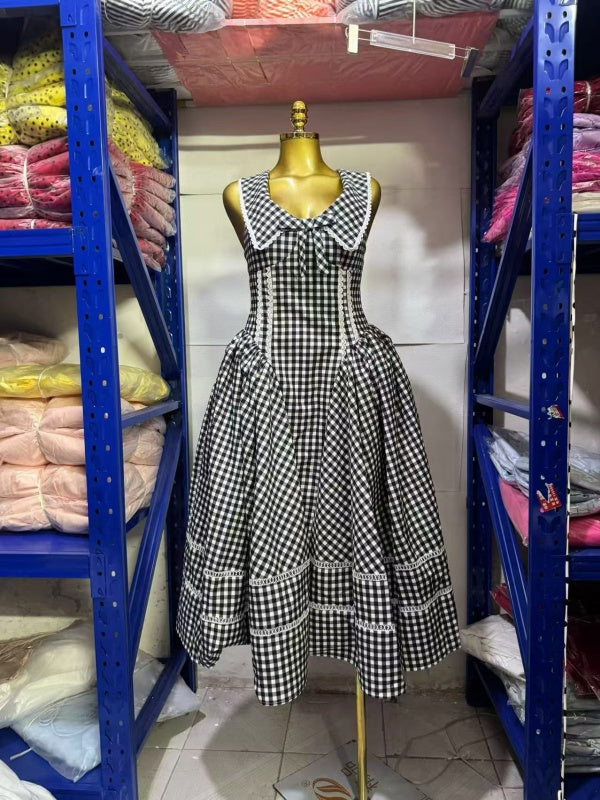 Pink Gingham Sailor Collar Midi Dress with Bow